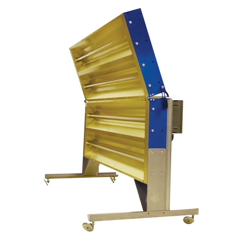 The Vestil Portable Infrared Heat Panel 61 x 44 is a large machine featuring multiple horizontal yellow panels in a blue vertical frame, supported by wheeled metal stands and angled slightly backward, indicating potential adjustability.