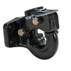 The Vestil Pintle Hook For Fork Truck Base includes a glossy black finish, a latch, and two visible bolts. Made from heavy-duty metal, it delivers robust reliability and durability for towing operations.