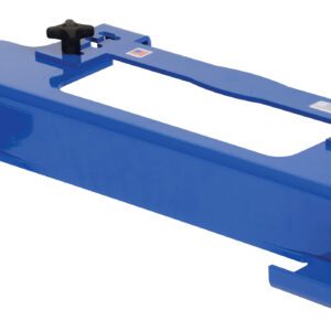 The Vestil Adjustable Pallet Jockey 4K Lb Cap is a blue metal tool with a rectangular base, two adjustable black knobs, and hooks for attachments, designed for secure handling.