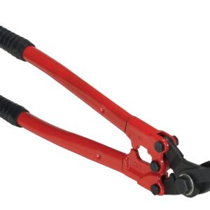 Angled against a white background, a pair of red bolt cutters with black rubber grips resembles the jaws of a Vestil Steel Strapping Cutter 0.375 to 2 In, featuring sharp curved blades ready for tasks in that range.
