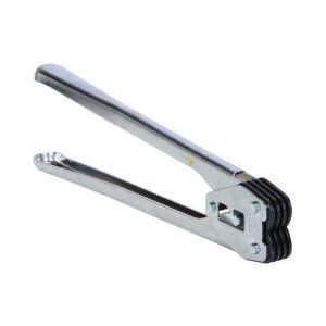 A metal can opener with two long handles and a rotary mechanism for cutting, sporting a shiny stainless steel design akin to the Vestil Poly Strap Sealer .625 Strapping 16.8 In, features sleek black accents near the cutting area for an elegant touch.