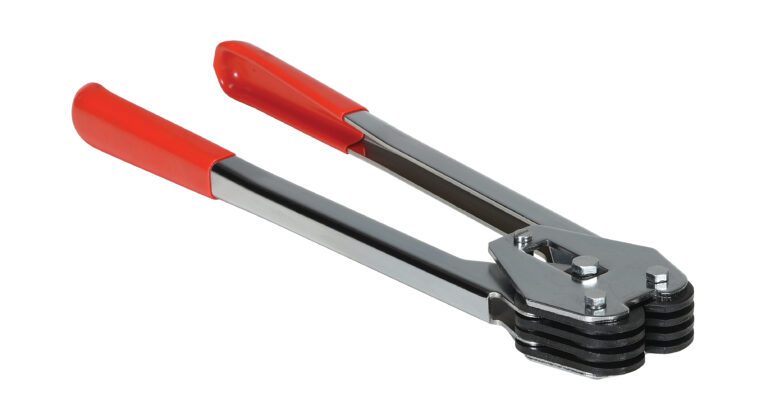 The Vestil Poly Strap Sealer .625 features shiny steel handles, red rubber grips, and a robust pivoting head to tighten and cut metal straps. It is 15.75 inches long, ideal for .625 strapping tasks.