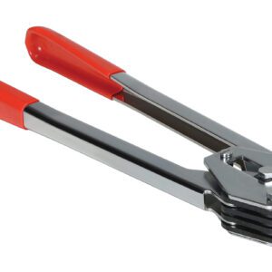 The Vestil Poly Strap Sealer .625 features shiny steel handles, red rubber grips, and a robust pivoting head to tighten and cut metal straps. It is 15.75 inches long, ideal for .625 strapping tasks.