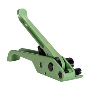 The Vestil Poly Tensioner for .375 to .75 strapping is a green manual tool, featuring a long handle and black components, ideal for securing packages. Its shown in neutral position with all parts visible against a white background.