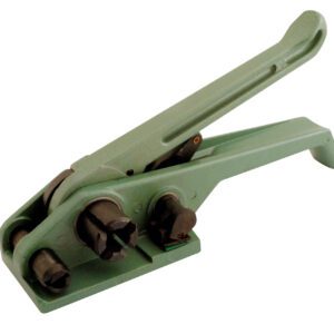 The green manual Vestil Poly Tension/Cutter Tool .375 to .75 Wide, with a long handle and metal components, features a rectangular base and lever-action mechanism, making it ideal for securely tightening straps around packages.