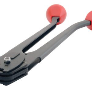The Vestil Steel Strap Sealer .375 to .5 Strapping features long black handles with red rubber grips, a flat wide head for efficient sealing or clamping, and visible crimping edges at the front.