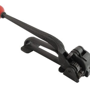The Vestil Steel Tensioner .375 to .75 Strapping comes in a black finish. Its long handle, featuring a red spherical grip, is angled diagonally to highlight its textured surface and durable metal gears for precise tensioning and cutting.