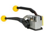 The Vestil Poly Tensioner/Sealer/Cutter .5 Strap is a manual metal strapping tensioner featuring a silver body, black components, and two black handles with yellow spherical grips, designed for tightening and securing strapping material.