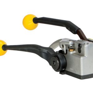 The Vestil Poly Tensioner/Sealer/Cutter .5 Strap is a manual metal strapping tensioner featuring a silver body, black components, and two black handles with yellow spherical grips, designed for tightening and securing strapping material.