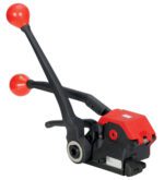 The Vestil Poly Tensioner/Sealer/Cutter .5 to .75 features a predominantly black body with two black levers, red handles, and a striking red component, designed robustly for industrial or heavy-duty tasks.