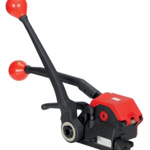 The Vestil Poly Tensioner/Sealer/Cutter .5 to .75 features a predominantly black body with two black levers, red handles, and a striking red component, designed robustly for industrial or heavy-duty tasks.