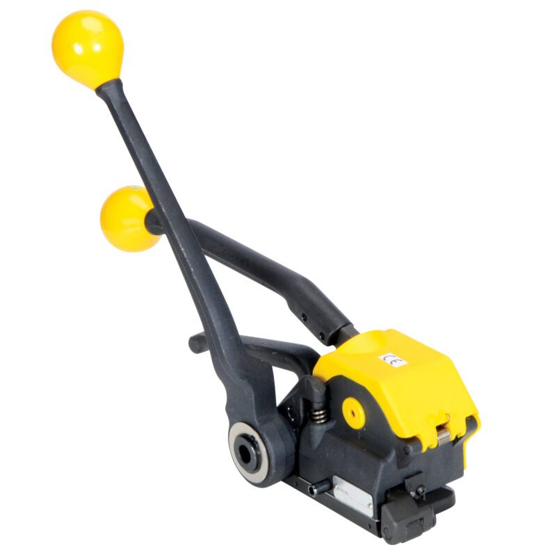 The Vestil Steel Tensioner/Sealer/Cutter .5 to .75, featuring a yellow body with long black handles and yellow knobs, is designed for tensioning and sealing packages using .5 to .75-inch strapping. It stands out prominently against a plain white background.