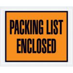 The MH-USA 4 1/2 x 5 1/2 envelopes feature an orange label with bold black Packing List Enclosed text on white, available in cases of 1000, ideal for securely displaying packing lists.