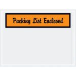 An MH-USA 4 1/2 x 6 envelope features a clear window and an orange label with Packing List Enclosed in black script font, available in a bulk case of 1000.