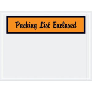 An MH-USA 4 1/2 x 6 envelope features a clear window and an orange label with Packing List Enclosed in black script font, available in a bulk case of 1000.