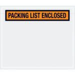 The MH-USA 6 1/2 x 5 Orange Packing List Enclosed Envelopes feature a transparent design with a bold orange label and black text, ideal for securing shipping documents against a plain white background.