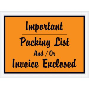 MH-USA 4 1/2 x 6 orange envelopes with black Important Packing List And/Or Invoice Enclosed text and white border, sold in cases of 1000, ensure crucial documents are visible.