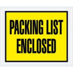 A yellow sign with black text, PACKING LIST ENCLOSED, mirrors the MH-USA 4.5 x 5.5 Yellow Packing List Enclosed Envelopes (1000/Case).