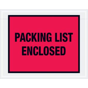 A rectangle-shaped label from the MH-USA 7 x 5 1/2 Red Packing List Enclosed Envelopes (1000/Case) includes bold black text at its center with a thin black border for clarity and emphasis.
