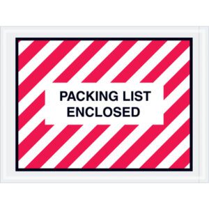 A label featuring red and white diagonal stripes with a bold black border is styled like the MH-USA 4 1/2 x 6 Red Striped Packing List Enclosed envelopes. At its center, a white rectangle displays PACKING LIST ENCLOSED in bold, black capital letters.