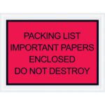 The MH-USA 4 1/2 x 6 red envelopes feature bold black text stating PACKING LIST IMPORTANT PAPERS ENCLOSED DO NOT DESTROY, ideal for ensuring critical documents stand out. Available in cases of 1000.