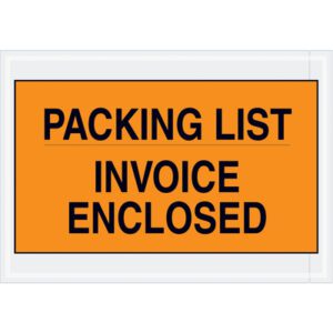 A bold black text on an orange label reads PACKING LIST INVOICE ENCLOSED in all caps, surrounded by a clear plastic border, ideal for MH-USA 7 x 10 Orange Envelopes (1000/Case).