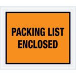 The orange label, similar to the MH-USA 10 x 12 Orange Packing List Enclosed Envelopes (500/Case), prominently displays bold black text declaring PACKING LIST ENCLOSED.