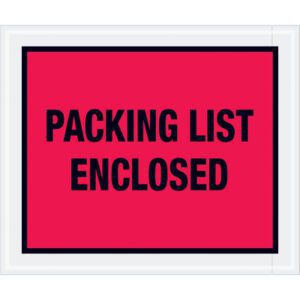 A red sign with bold black text reads PACKING LIST ENCLOSED, surrounded by a white border, similar to the MH-USA 10 x 12 Red Packing List Enclosed Envelopes, available in a case of 500.