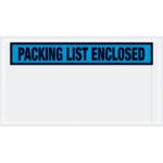 The blue label with black text reads PACKING LIST ENCLOSED in bold, centered on a white background, designed for MH-USA 5 1/2 x 10 Blue Envelopes (1000/Case) to secure shipping documents.