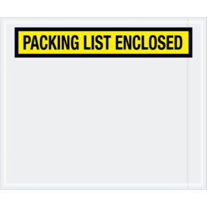 The MH-USA 10 X 12 envelopes have a transparent design with a yellow label saying PACKING LIST ENCLOSED in black. Ideal for organizing, they come in a case of 500.