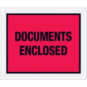 The MH-USA 10 x 12 Red Documents Enclosed Envelopes (500/Case) have a red label with bold black DOCUMENTS ENCLOSED text and a crisp white border, ensuring secure and clearly marked important documents.