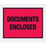 The MH-USA 4 1/2 x 5 1/2 red Documents Enclosed envelopes feature a bold black label on a white background, ideal for securely marking envelopes. Sold in cases of 1000, they ensure vital documents are easily identified and protected.