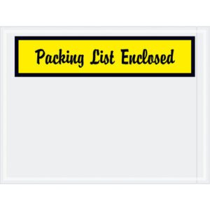Enhance your packaging with MH-USA 4 1/2 x 6 yellow envelopes. Featuring bold black Packing List Enclosed text on a white background, these durable envelopes come in cases of 1000.