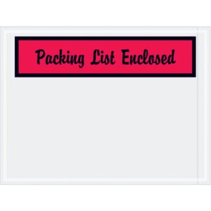 A rectangular label with a bold red strip at the top reads Packing List Enclosed in black script font, similar to MH-USA 4 1/2 x 6 Red Packing List Enclosed Envelopes (1000/Case), enhancing clarity and contrast for your shipments.