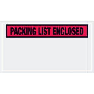 The MH-USA 5 1/2 x 10 Red Packing List Enclosed Envelopes, available in cases of 1000, feature a transparent holder and a bold red and black label stating PACKING LIST ENCLOSED, with a clear section for documents.