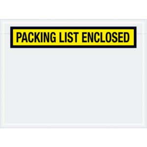 The MH-USA 6 3/4 x 5 envelope features a transparent front with a bold yellow and black PACKING LIST ENCLOSED label and is sold in cases of 1000.