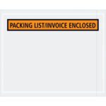 The MH-USA 4 1/2 x 5 1/2 envelopes, featuring a bright orange stripe and bold black text Packing List/Invoice Enclosed, showcase contents with their transparent design, making them perfect for organized shipping. Available in cases of 1000, they streamline packing processes efficiently.