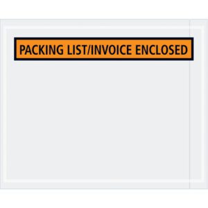 The MH-USA 4 1/2 x 5 1/2 envelopes, featuring a bright orange stripe and bold black text Packing List/Invoice Enclosed, showcase contents with their transparent design, making them perfect for organized shipping. Available in cases of 1000, they streamline packing processes efficiently.