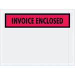 The MH-USA 4 1/2 x 6 Red Invoice Enclosed envelopes, sold in cases of 1000, feature a clear plastic design with a bold red and black label.
