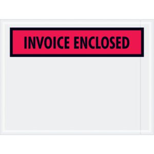 The MH-USA 4 1/2 x 6 Red Invoice Enclosed envelopes, sold in cases of 1000, feature a clear plastic design with a bold red and black label.