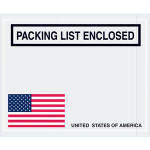 The MH-USA 4 1/2 x 5 1/2 U.S.A. Flag Packing List Enclosed envelopes feature PACKING LIST ENCLOSED at the top with a small American flag, and United States of America in black at the bottom right; available in cases of 1000 envelopes.