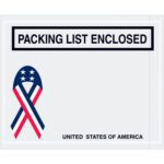The MH-USA 4 1/2 x 5 1/2 packing list envelope proclaims PACKING LIST ENCLOSED with a star and stripe ribbon resembling the American flag, and UNITED STATES OF AMERICA at the bottom. Available in a case of 1000 envelopes.