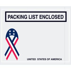 The MH-USA 4 1/2 x 5 1/2 packing list envelope proclaims PACKING LIST ENCLOSED with a star and stripe ribbon resembling the American flag, and UNITED STATES OF AMERICA at the bottom. Available in a case of 1000 envelopes.