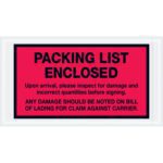 The MH-USA 5 1/2 x 10 red Packing List Enclosed envelopes (1000/case) have a rectangular label with a black border saying: PACKING LIST ENCLOSED. Inspect for damage and incorrect quantities before signing. Note any damage on the bill of lading for claims.