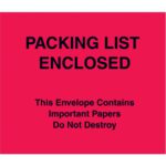 The MH-USA 7 x 6 red envelope features bold black text stating Packing List Enclosed and a warning that it contains important papers not to be destroyed, available in cases of 1000 for secure document handling.