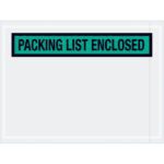 A bold green and black PACKING LIST ENCLOSED label is prominently displayed at the top of a white pouch with a transparent window, mimicking MH-USAs 4 1/2 x 6 Green Packing List Enclosed Envelopes (1000/Case).