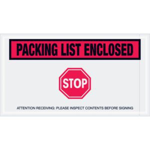 The envelope features PACKING LIST ENCLOSED in bold red at the top and a red octagonal STOP sign with the message, Attention Receiving: Please Inspect Contents Before Signing, as seen on MH-USA 5 1/2 x 10 Red Packing List Enclosed - Stop Envelopes (1000/Case).