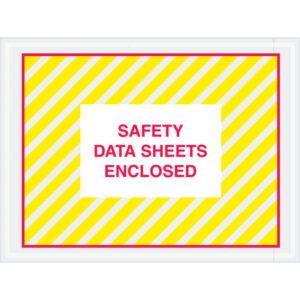 A rectangular sign with diagonal yellow and white stripes features a white rectangle with bold red text SAFETY DATA SHEETS ENCLOSED, bordered by a thick red outline. It pairs perfectly with MH-USA 4 1/2 x 6 Safety Data Sheets Enclosed SDS Envelopes (1000/Case) for secure document storage.