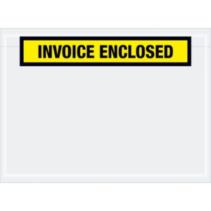 MH-USA 7 1/2 x 5 1/2 Yellow Invoice Enclosed Envelopes (1000/Case) feature a yellow label with black text on a clear plastic sleeve, ideal for displaying documents while combining practicality and visibility.