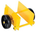 The Vestil Adj Panel Dolly 1K Glass Filled Nylon, a yellow wheel chock with black wheels and adjustable metal plates, stabilizes vehicles. Crafted from glass-filled nylon, its bright color ensures high visibility for added safety.